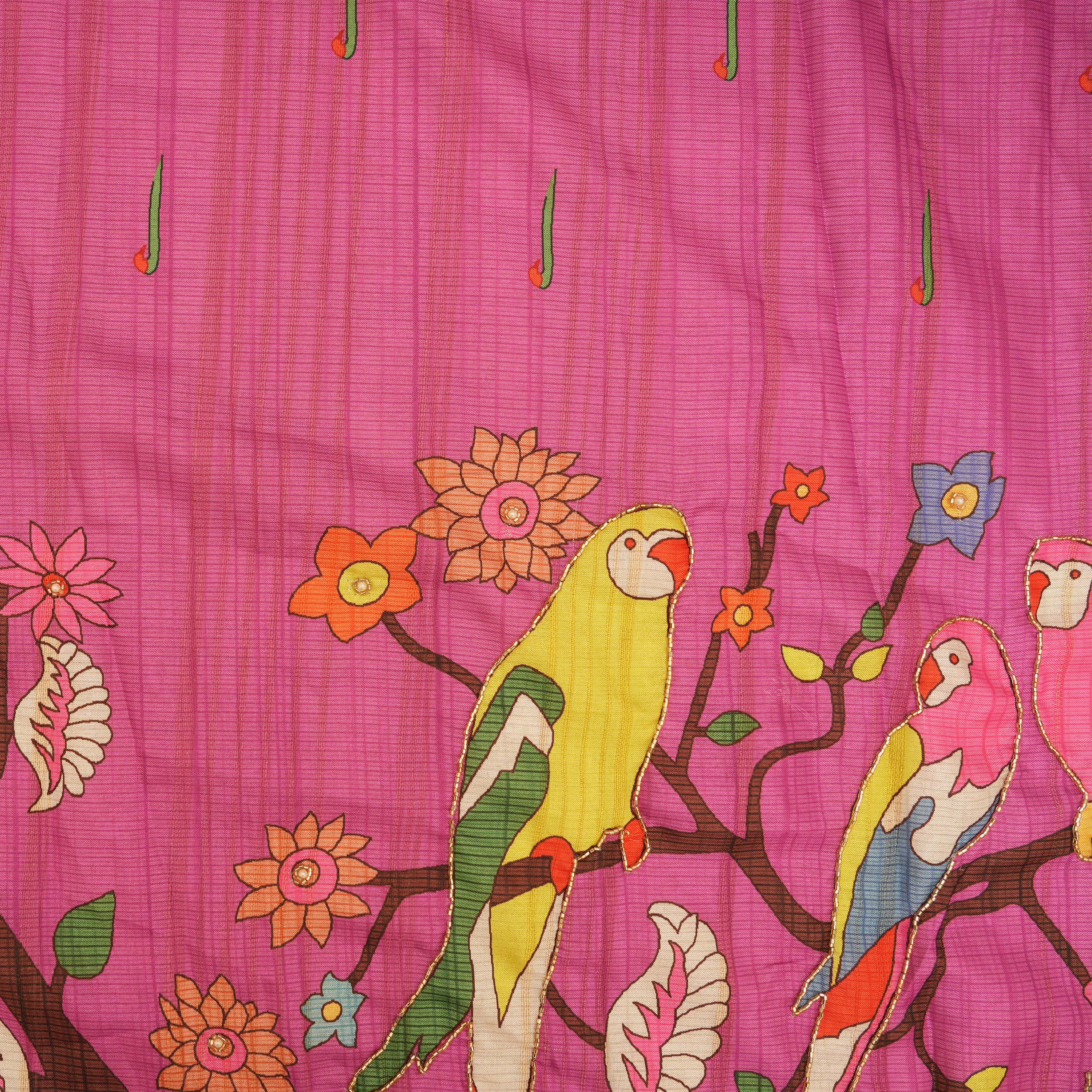 Blush Pink Kili Motif Border Printed Raw Silk Fabric