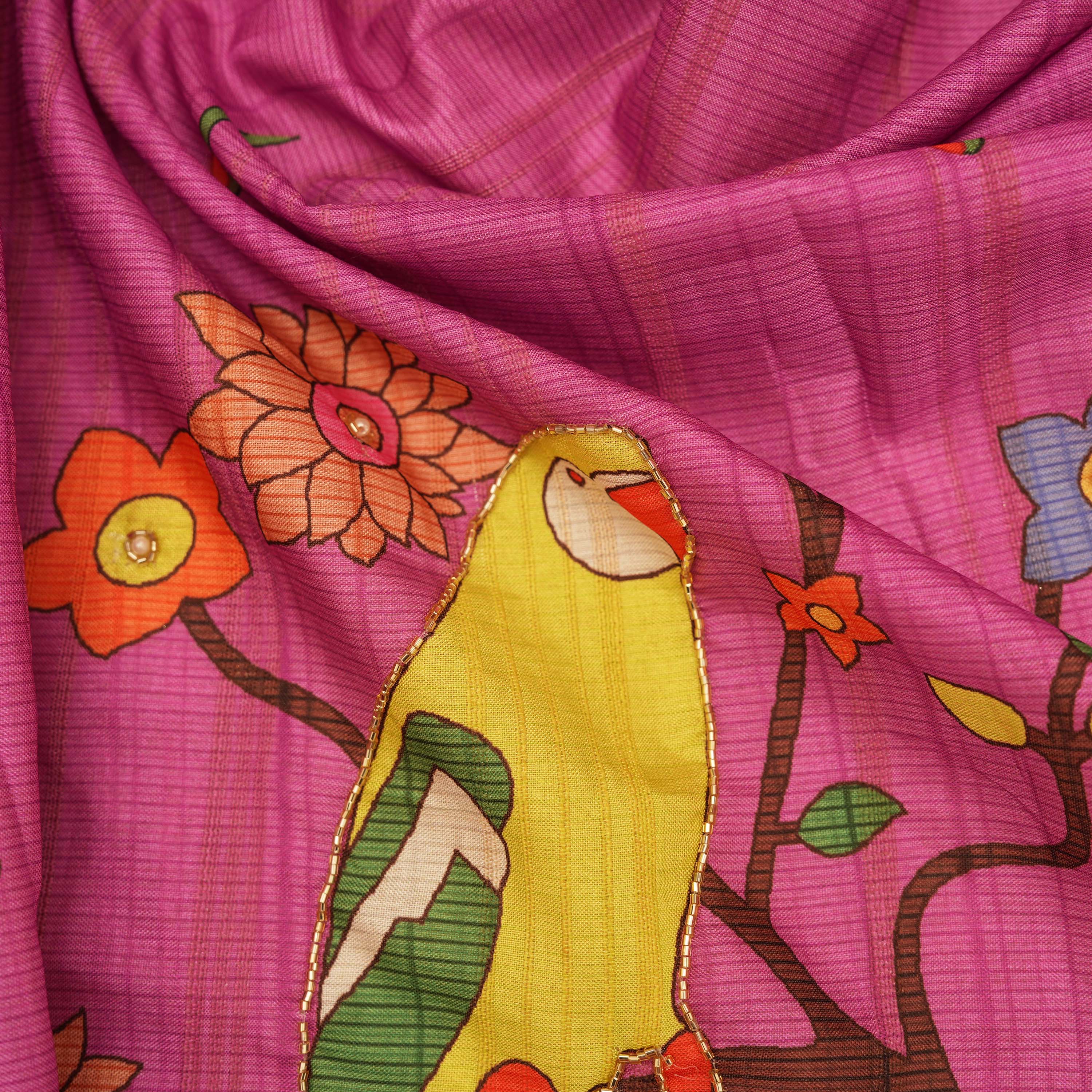 Blush Pink Kili Motif Border Printed Raw Silk Fabric