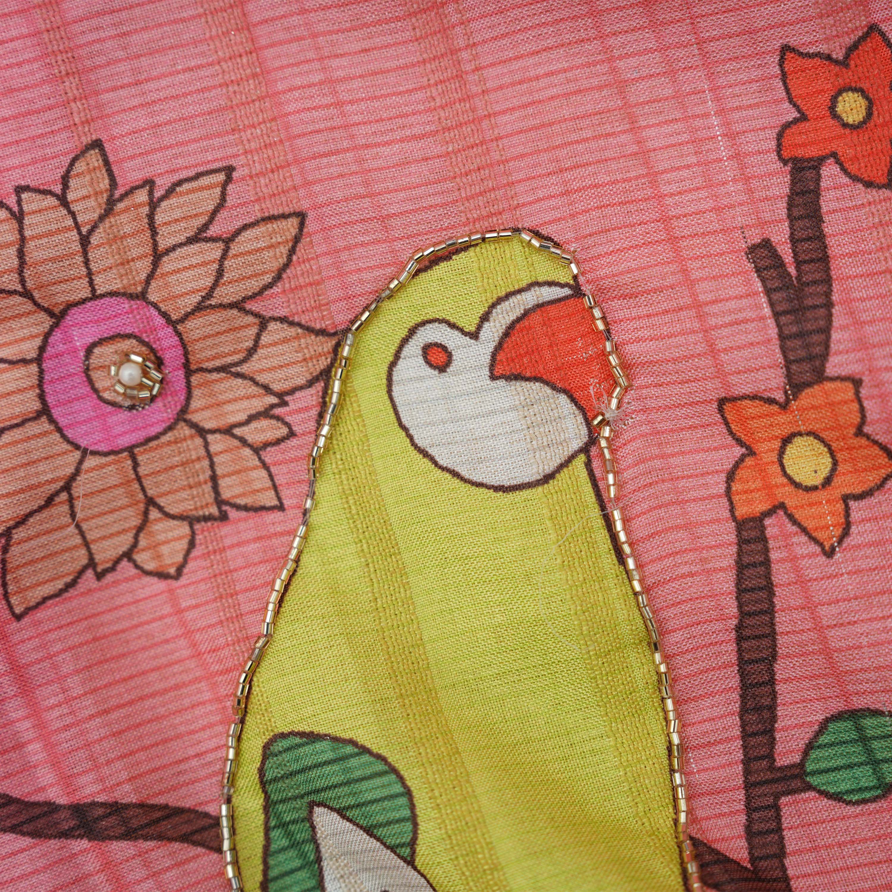 Salmon Pink Paithani Kili Border Dupion Raw Silk Fabric