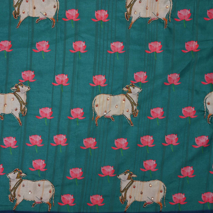 Blue Green Printed Pichwai Tussar Fabric With Embroidery