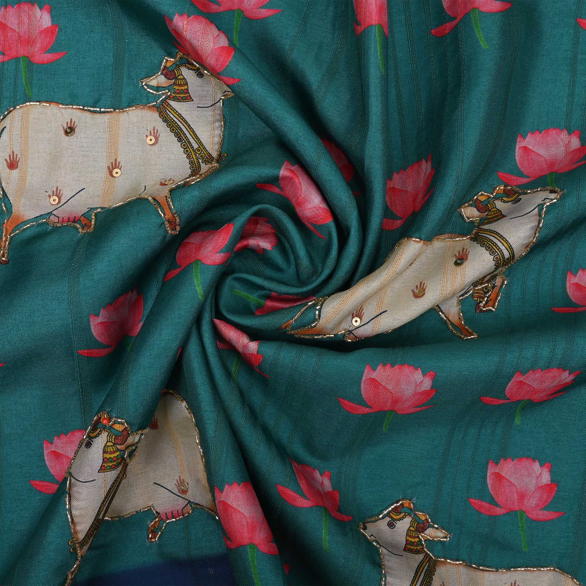 Blue Green Printed Pichwai Tussar Fabric With Embroidery