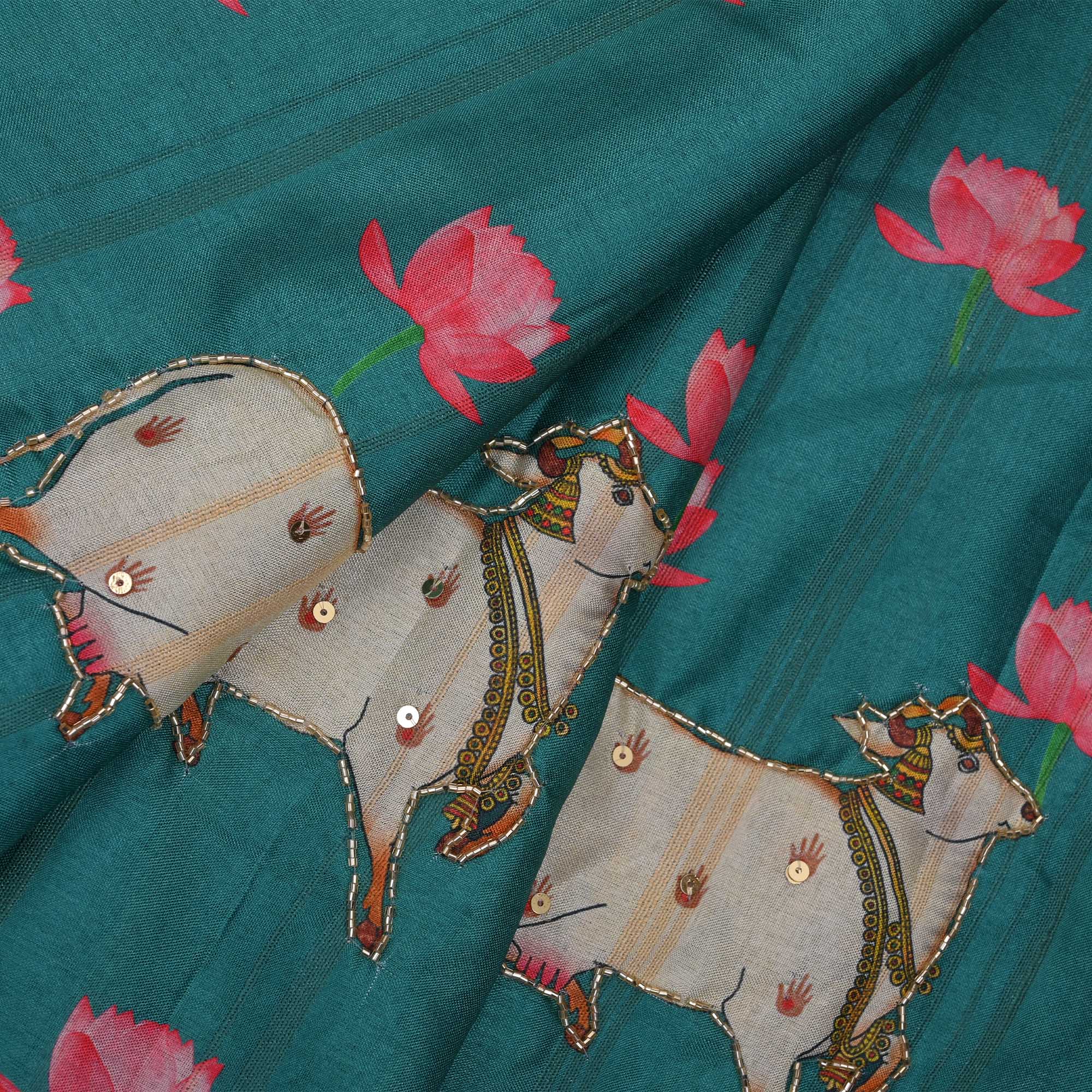 Blue Green Printed Pichwai Tussar Fabric With Embroidery