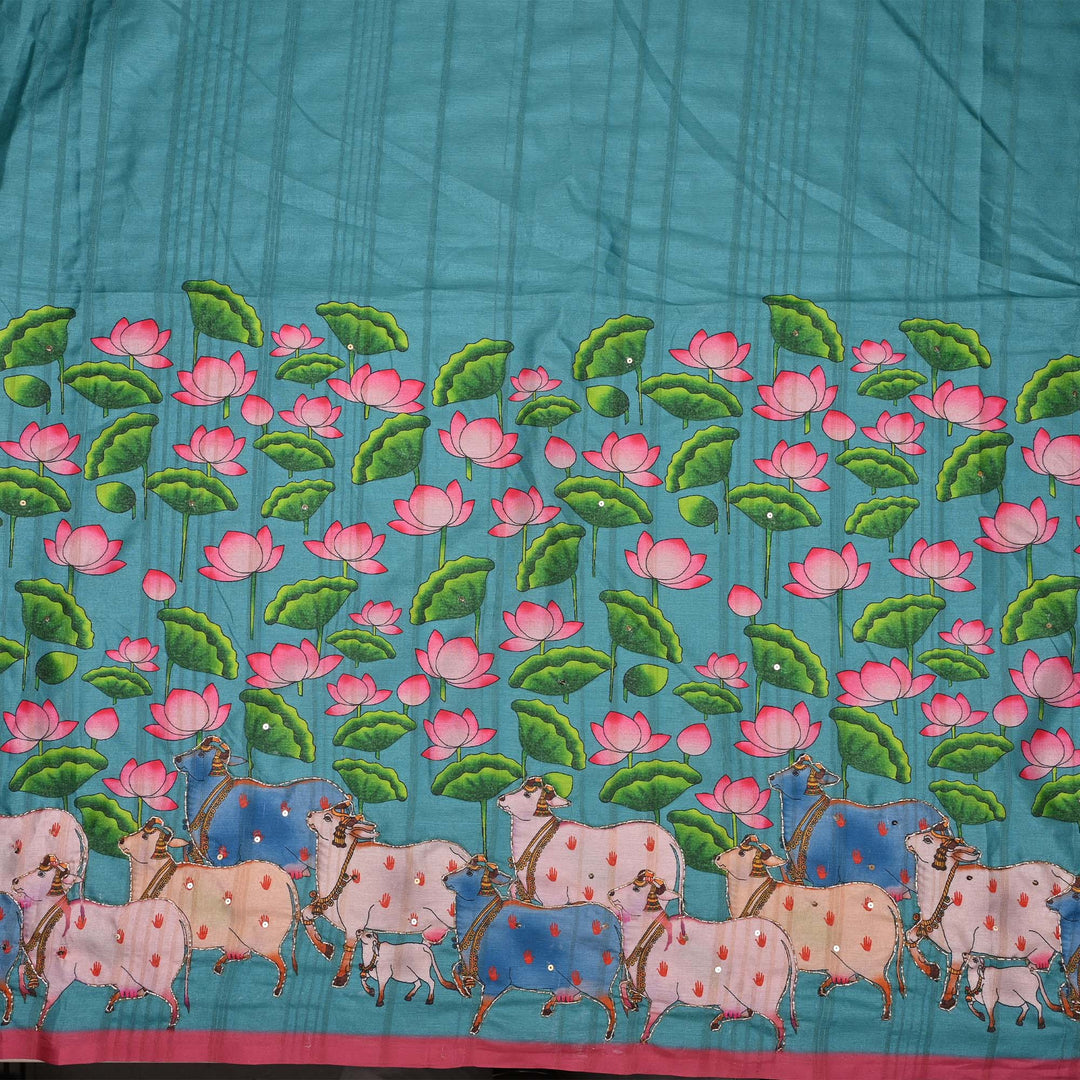 Pale Purple Printed Pichwai Tussar Fabric With Embroidery