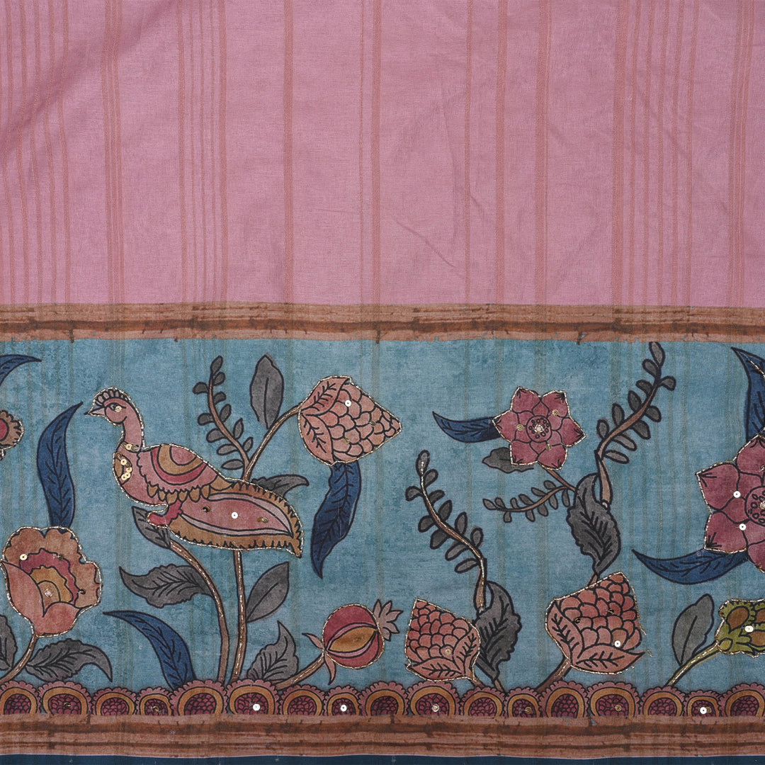 Baby Pink Kalamkari Tussar Fabric With Contrast Border