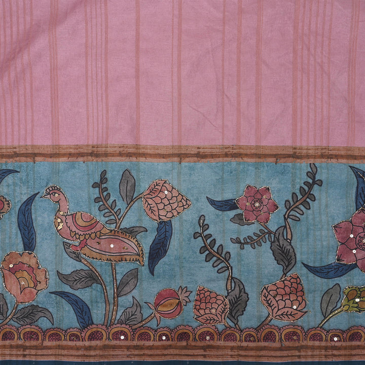 Baby Pink Kalamkari Tussar Fabric With Contrast Border