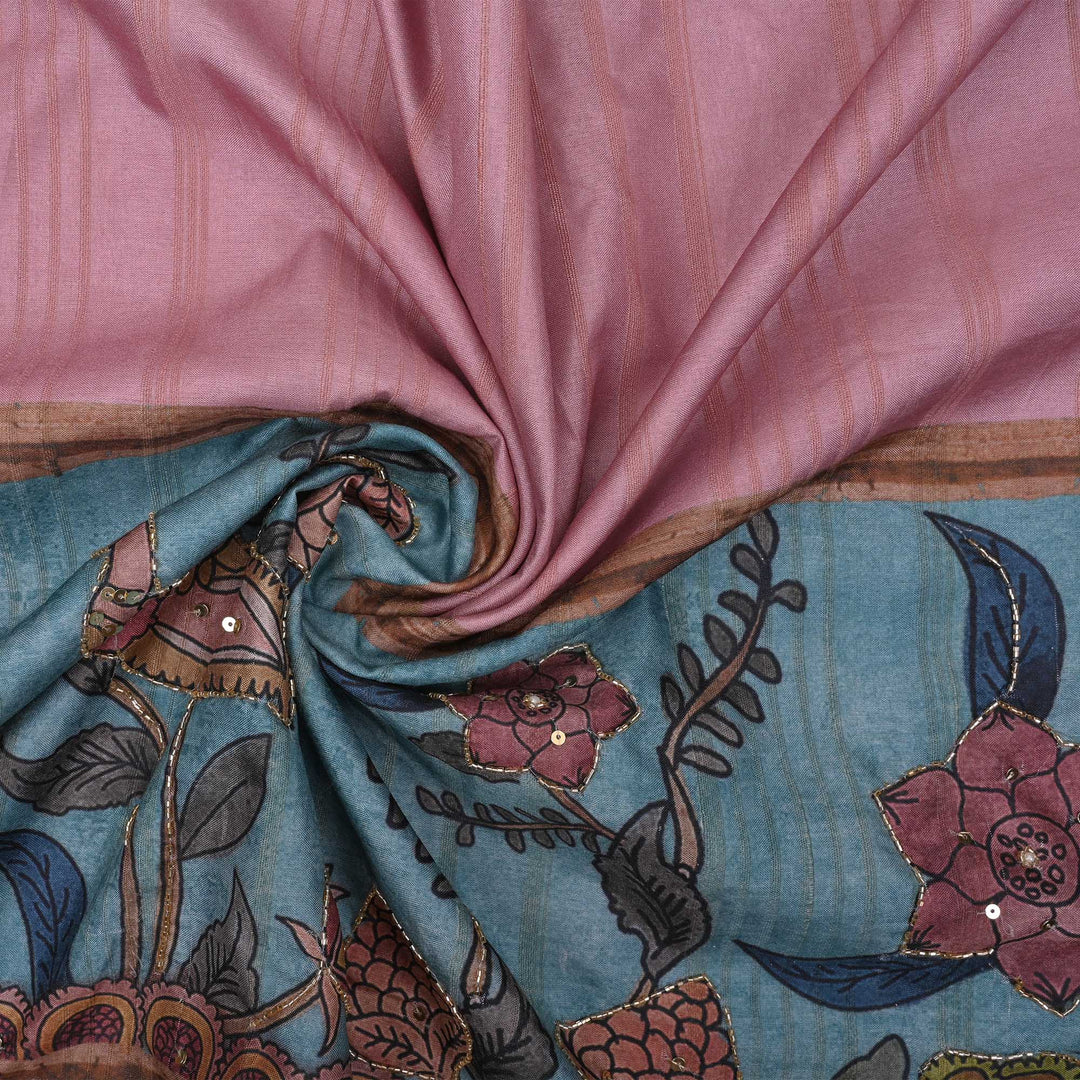 Baby Pink Kalamkari Tussar Fabric With Contrast Border