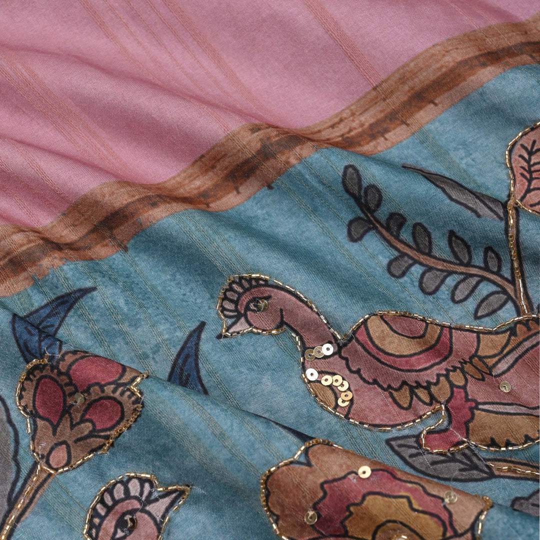 Baby Pink Kalamkari Tussar Fabric With Contrast Border