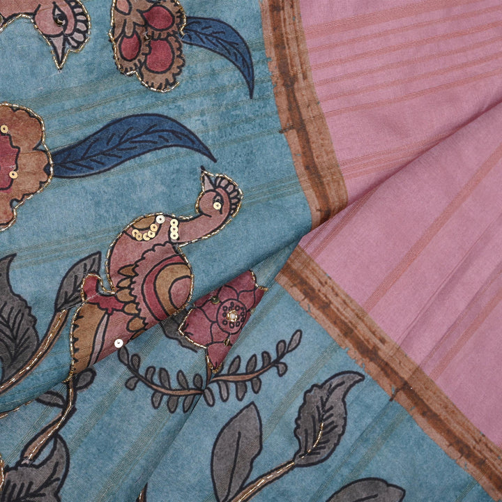 Baby Pink Kalamkari Tussar Fabric With Contrast Border