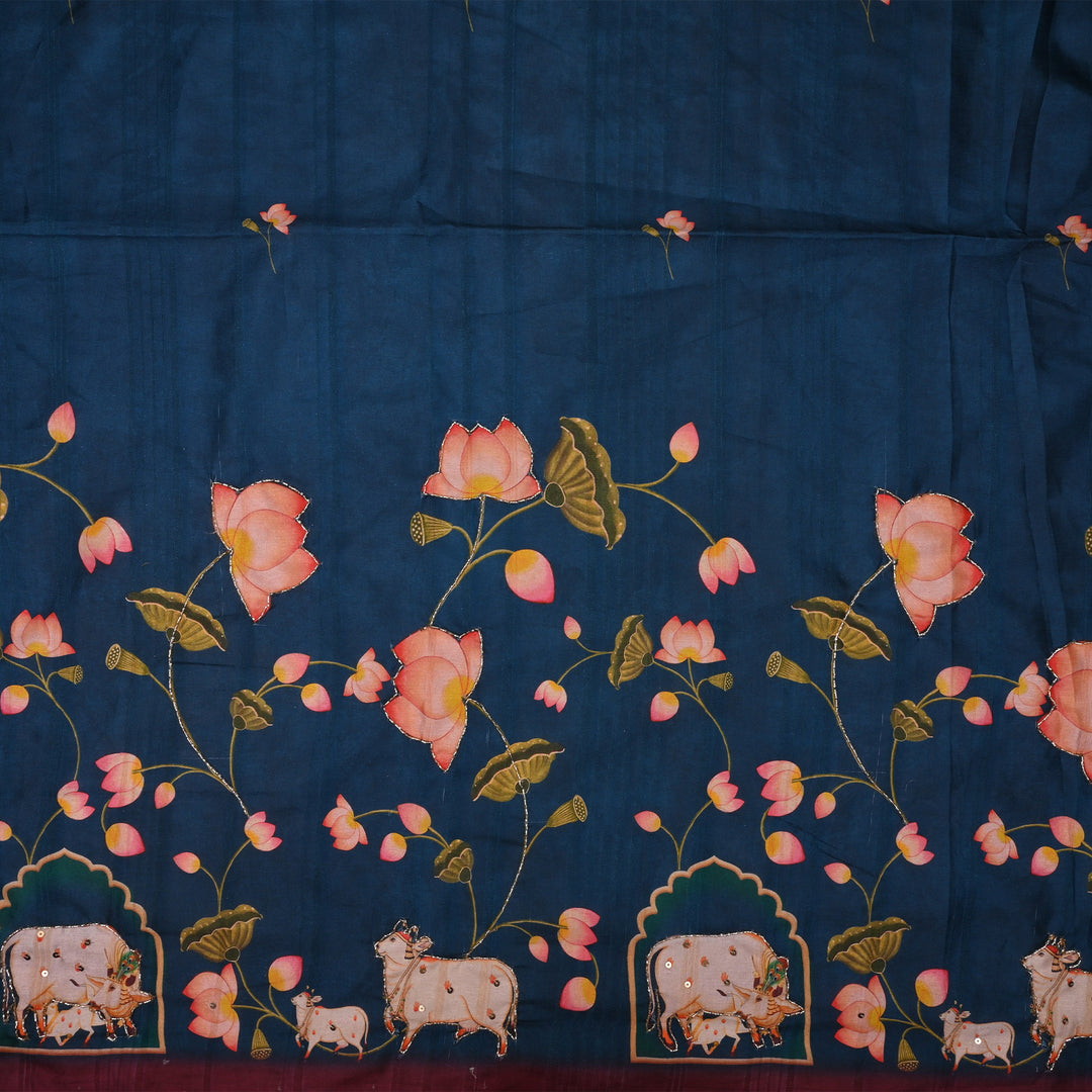 Admiral Blue Printed Pichwai Tussar Fabric With Embroidery