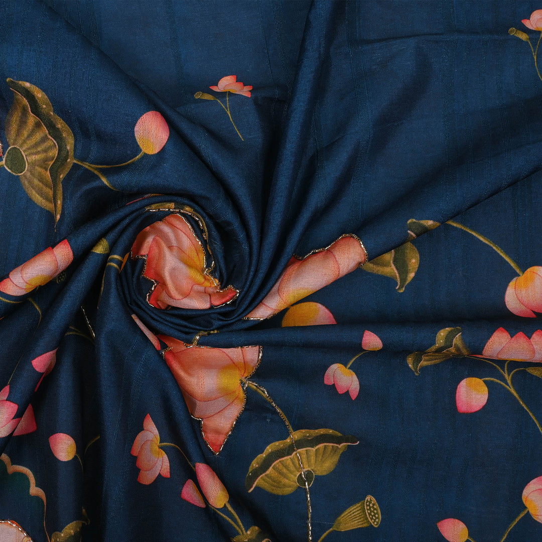 Admiral Blue Printed Pichwai Tussar Fabric With Embroidery