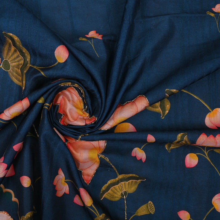 Admiral Blue Printed Pichwai Tussar Fabric With Embroidery