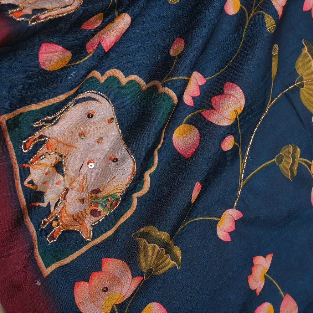 Admiral Blue Printed Pichwai Tussar Fabric With Embroidery