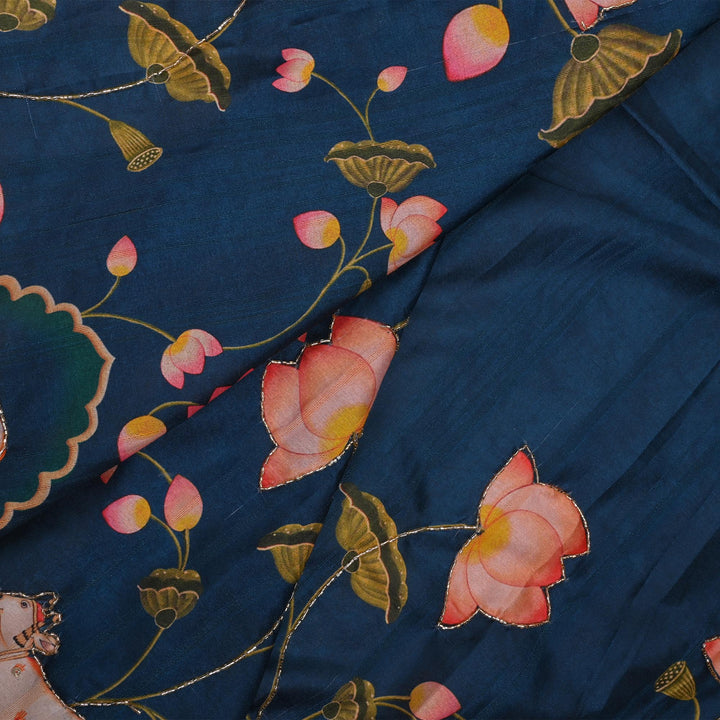 Admiral Blue Printed Pichwai Tussar Fabric With Embroidery