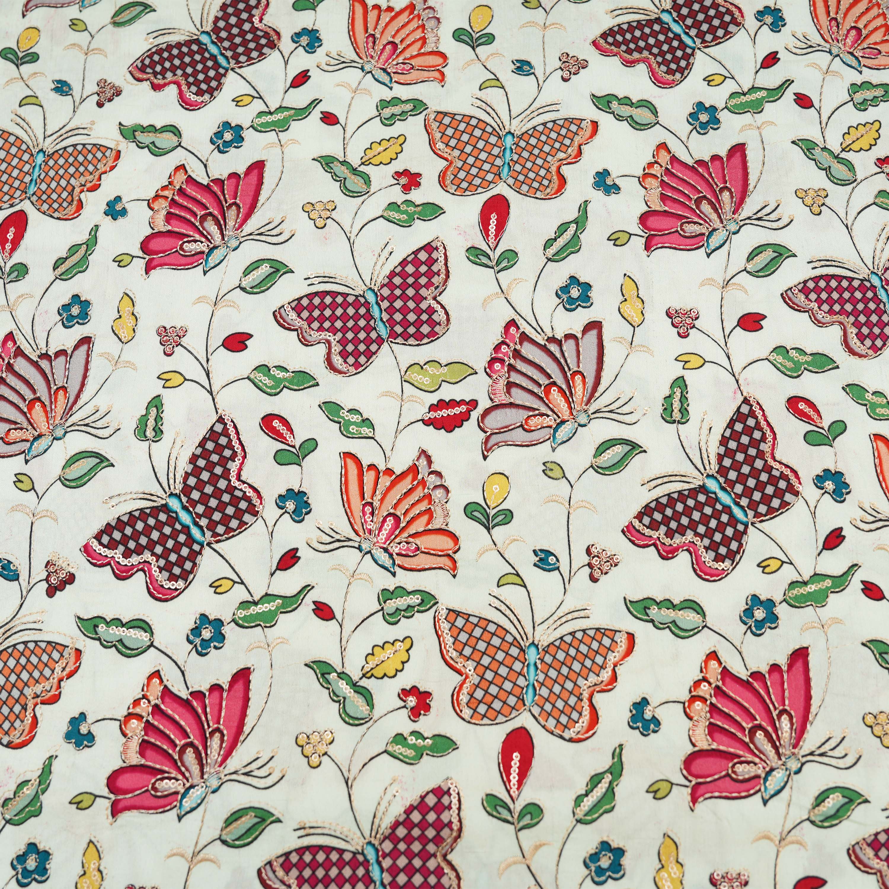 Platinum White Butterfly And Floral Printed Chanderi Fabric