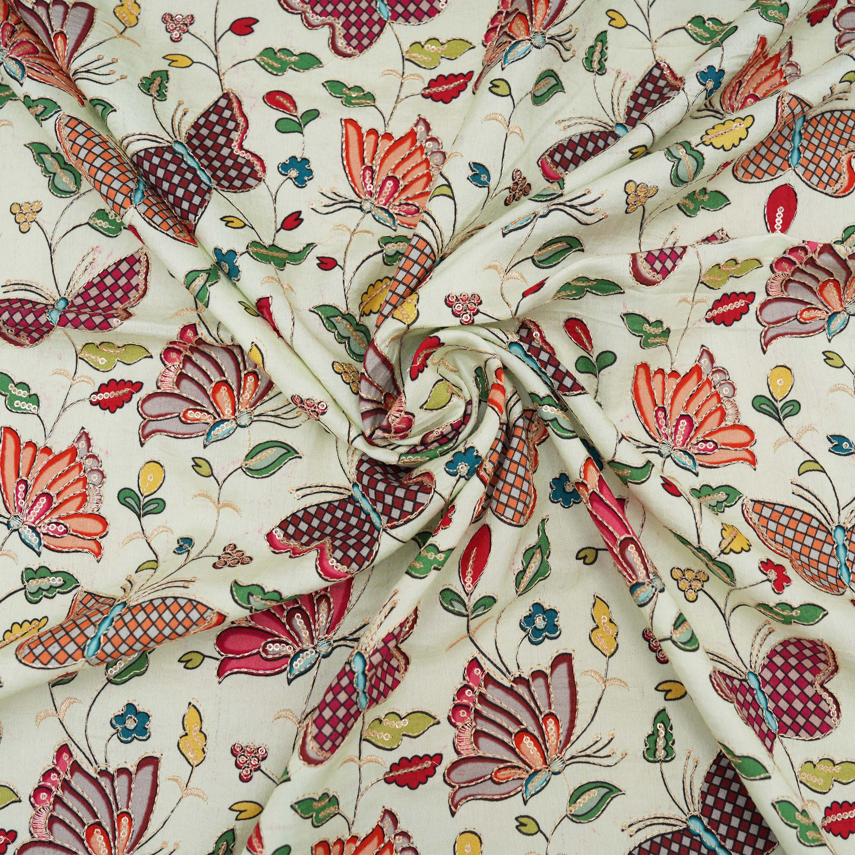 Platinum White Butterfly And Floral Printed Chanderi Fabric