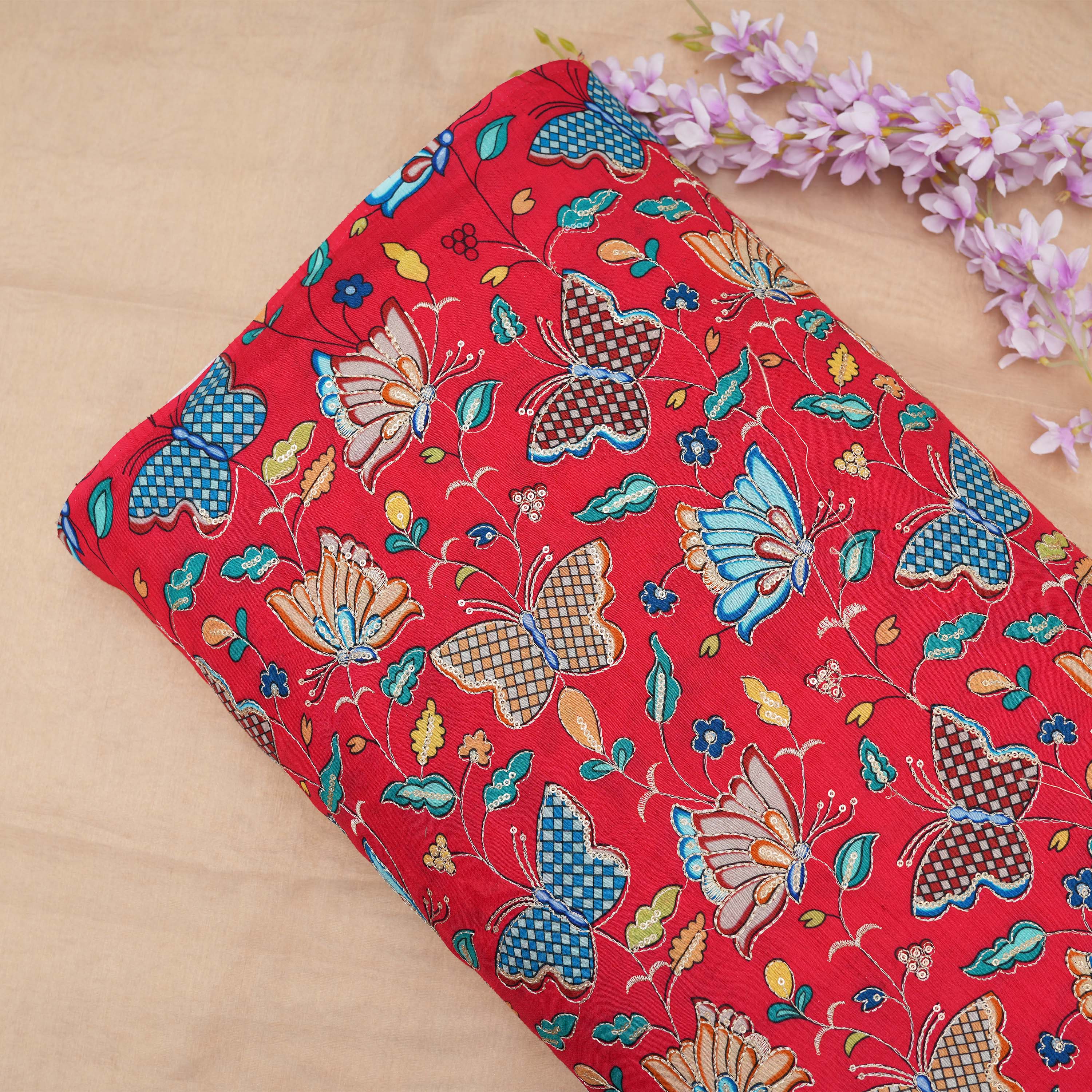 Imperial Red Butterfly And Floral Printed Chanderi Fabric