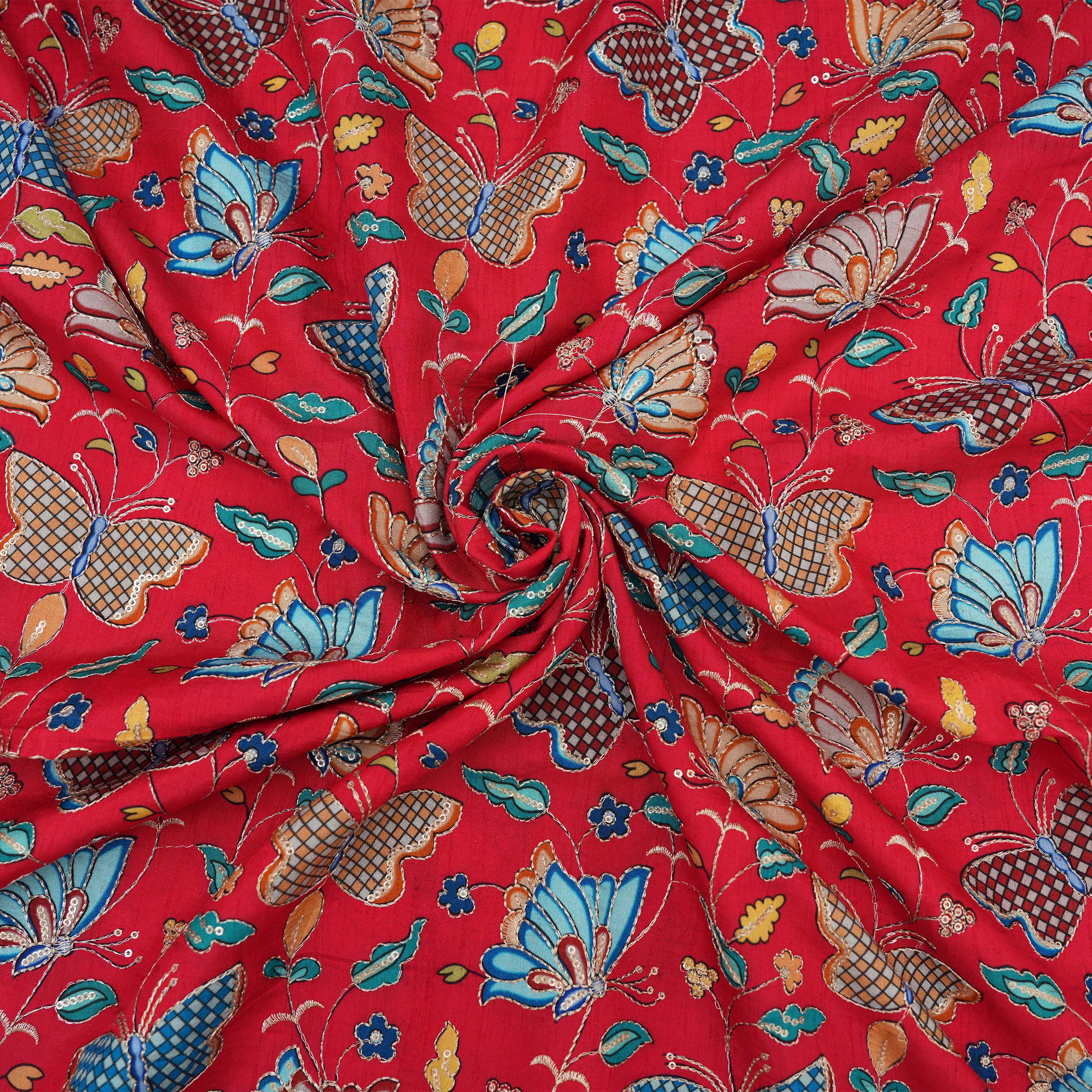 Imperial Red Butterfly And Floral Printed Chanderi Fabric