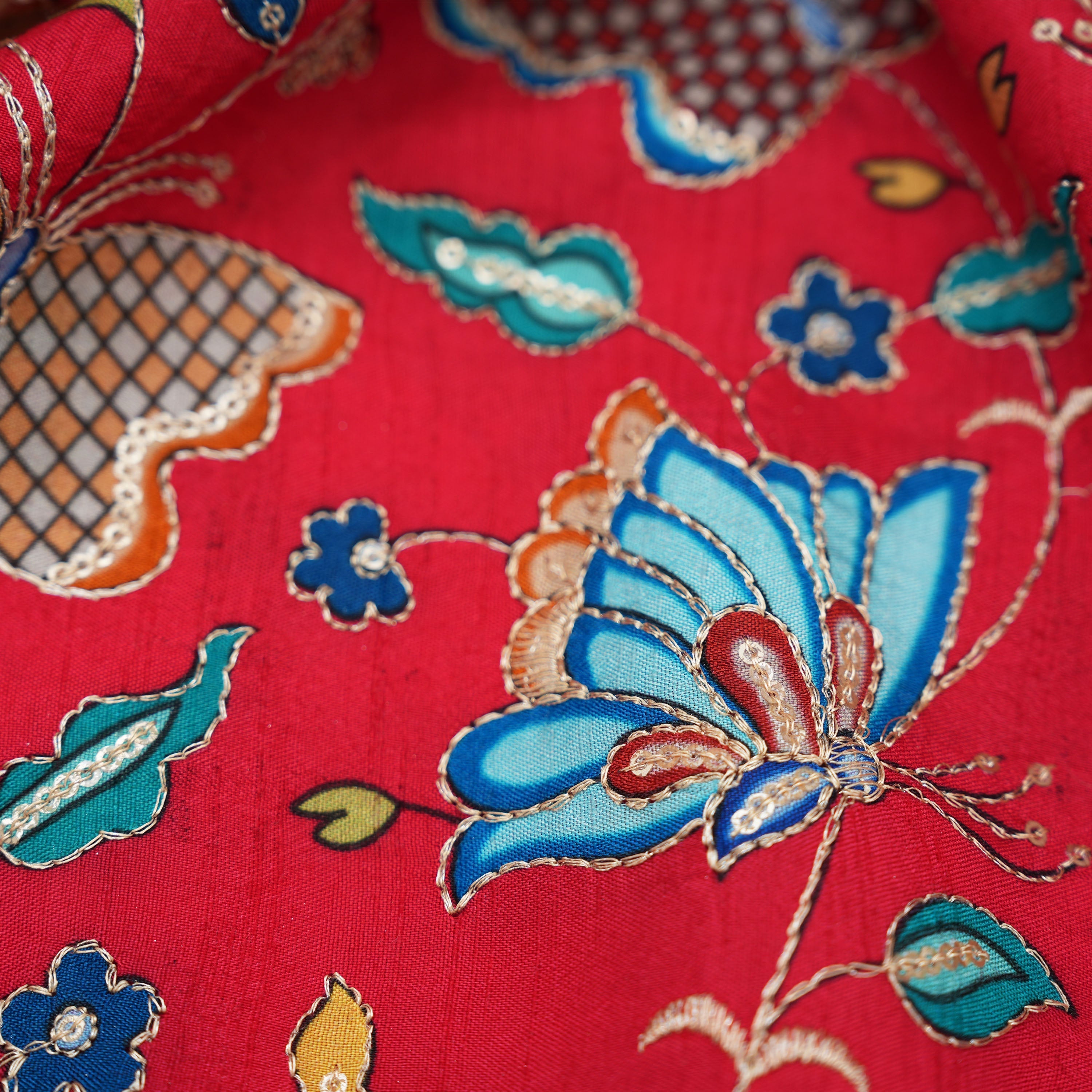 Imperial Red Butterfly And Floral Printed Chanderi Fabric