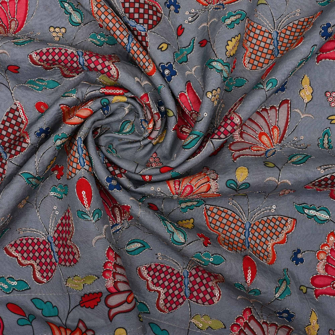 Cadet Grey Printed Pichwai Chanderi Fabric With Embroidery