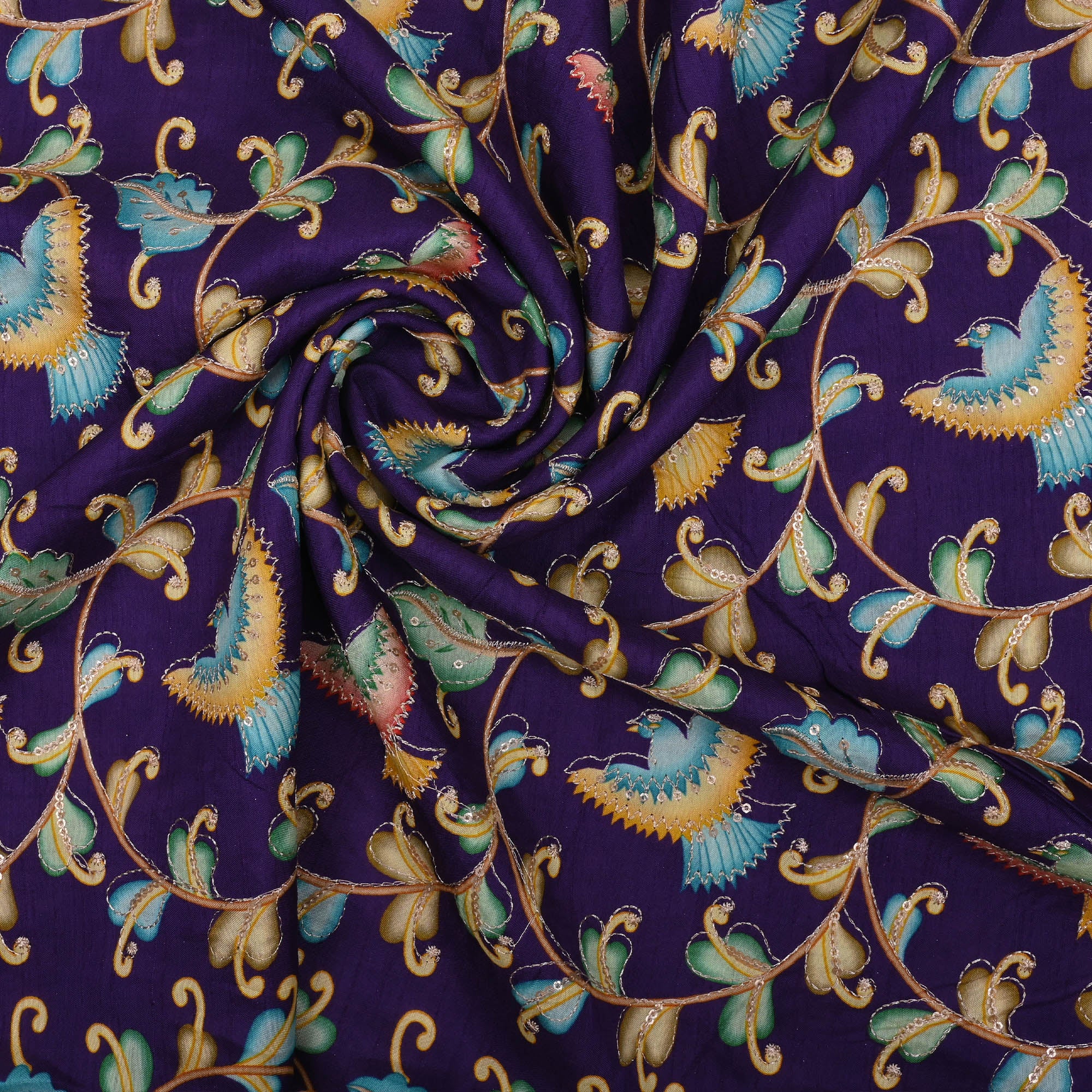 Indigo Purple Printed Pichwai Silk Fabric