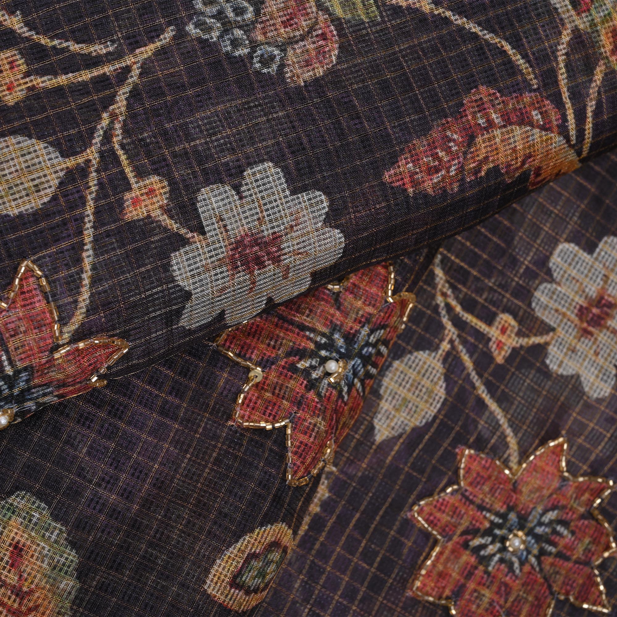 Purple Taupe Printed Kota Fabric With Embroidery