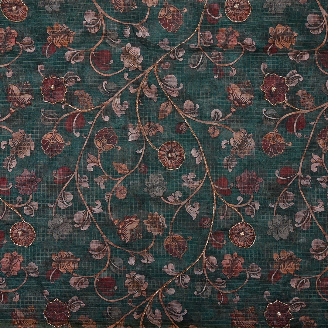 Pine Green Printed Kota Fabric With Embroidery