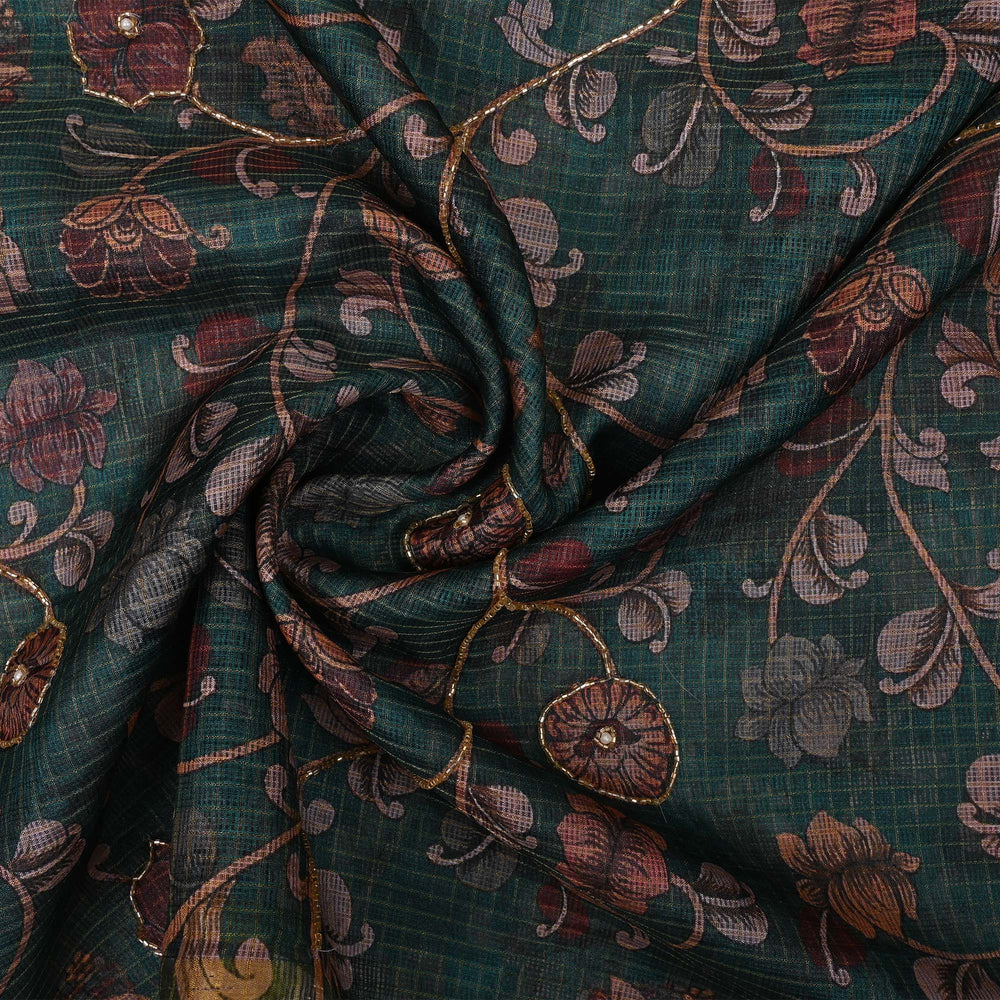 Pine Green Printed Kota Fabric With Embroidery