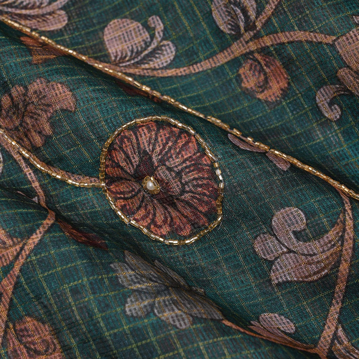 Pine Green Printed Kota Fabric With Embroidery