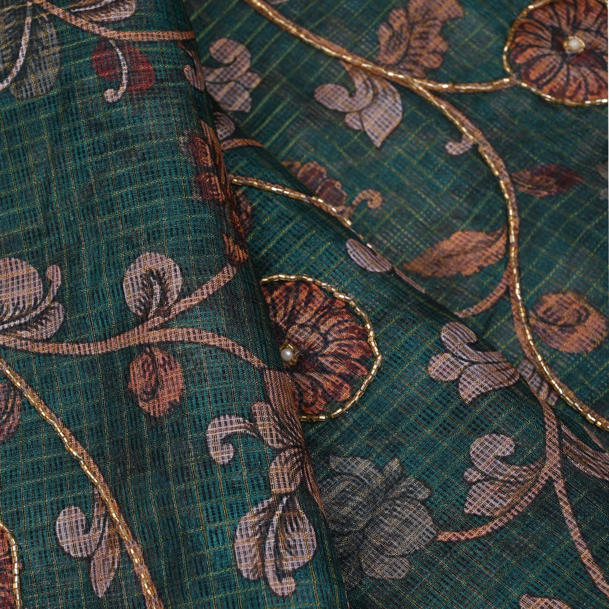 Pine Green Printed Kota Fabric With Embroidery