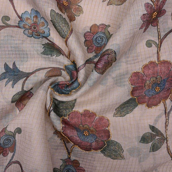 Pale Pink Printed Kota Fabric With Embroidery