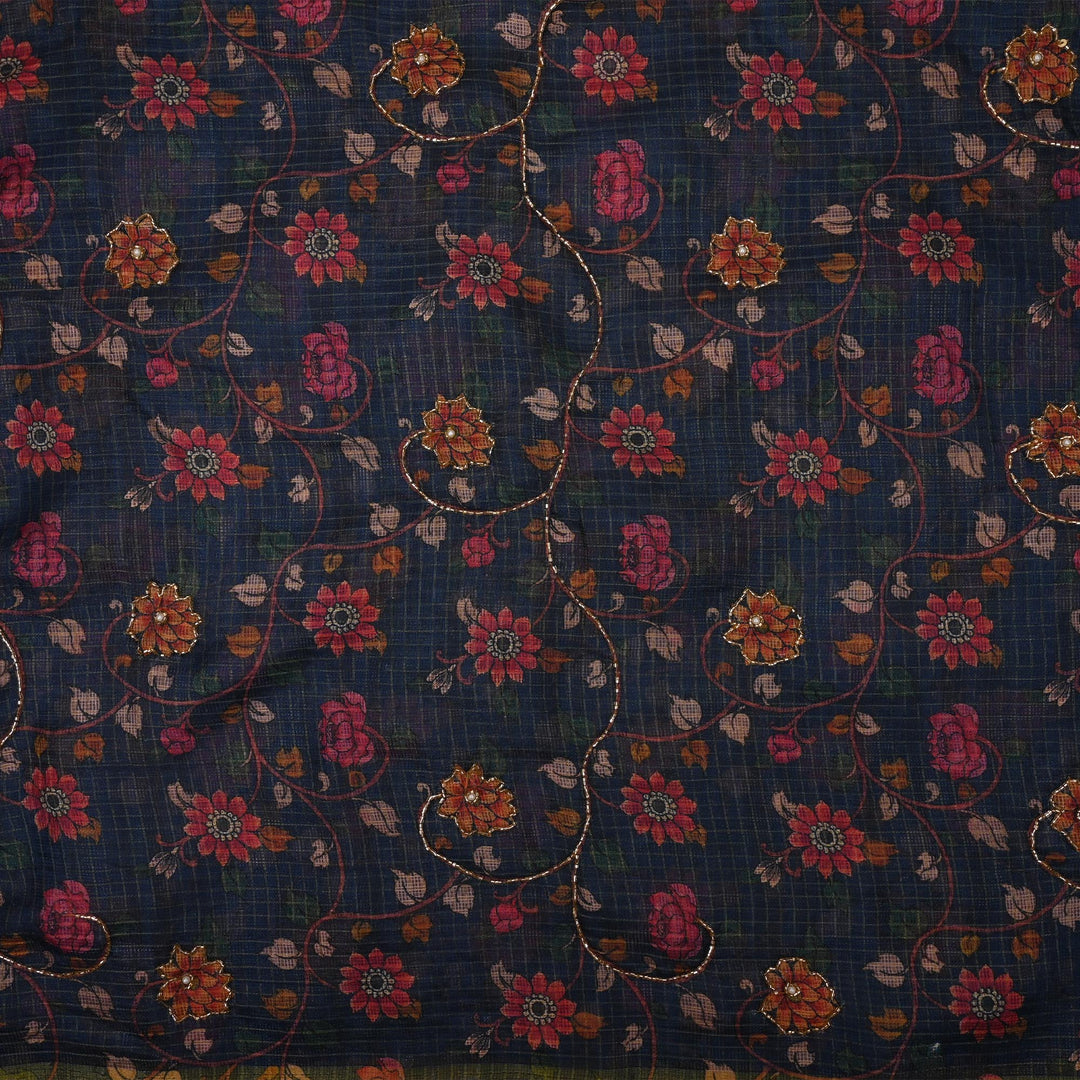 Deep Blue Printed Kota Fabric With Embroidery