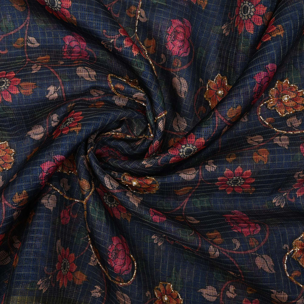 Deep Blue Printed Kota Fabric With Embroidery