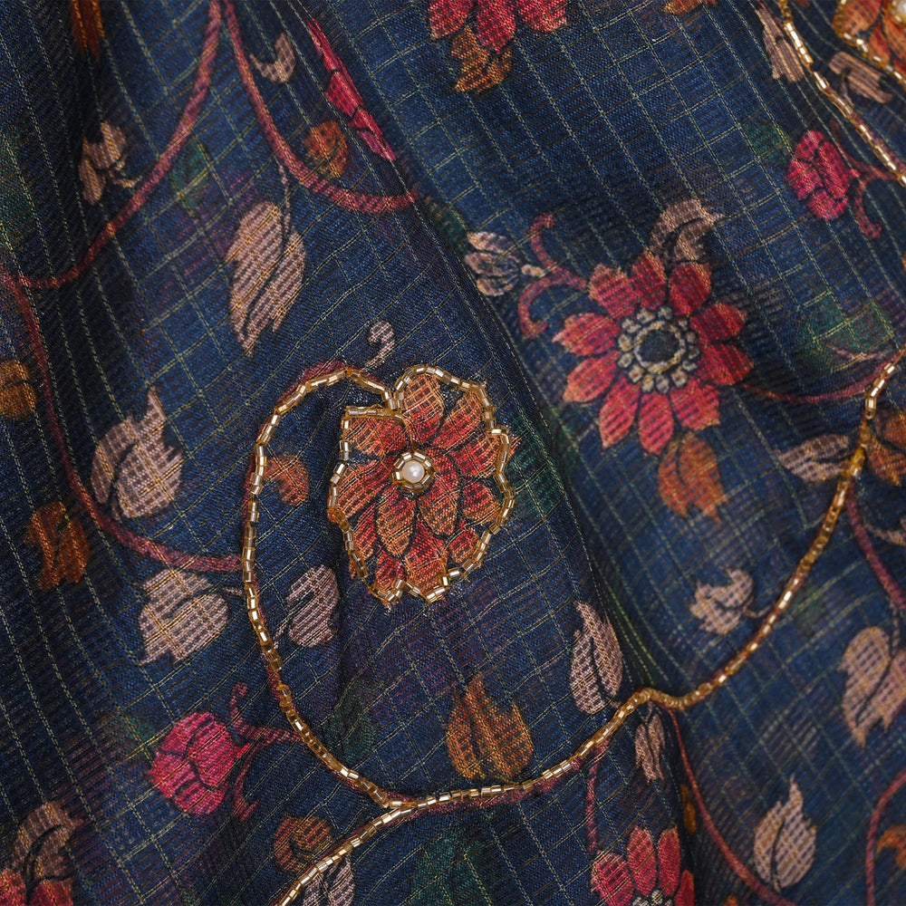 Deep Blue Printed Kota Fabric With Embroidery