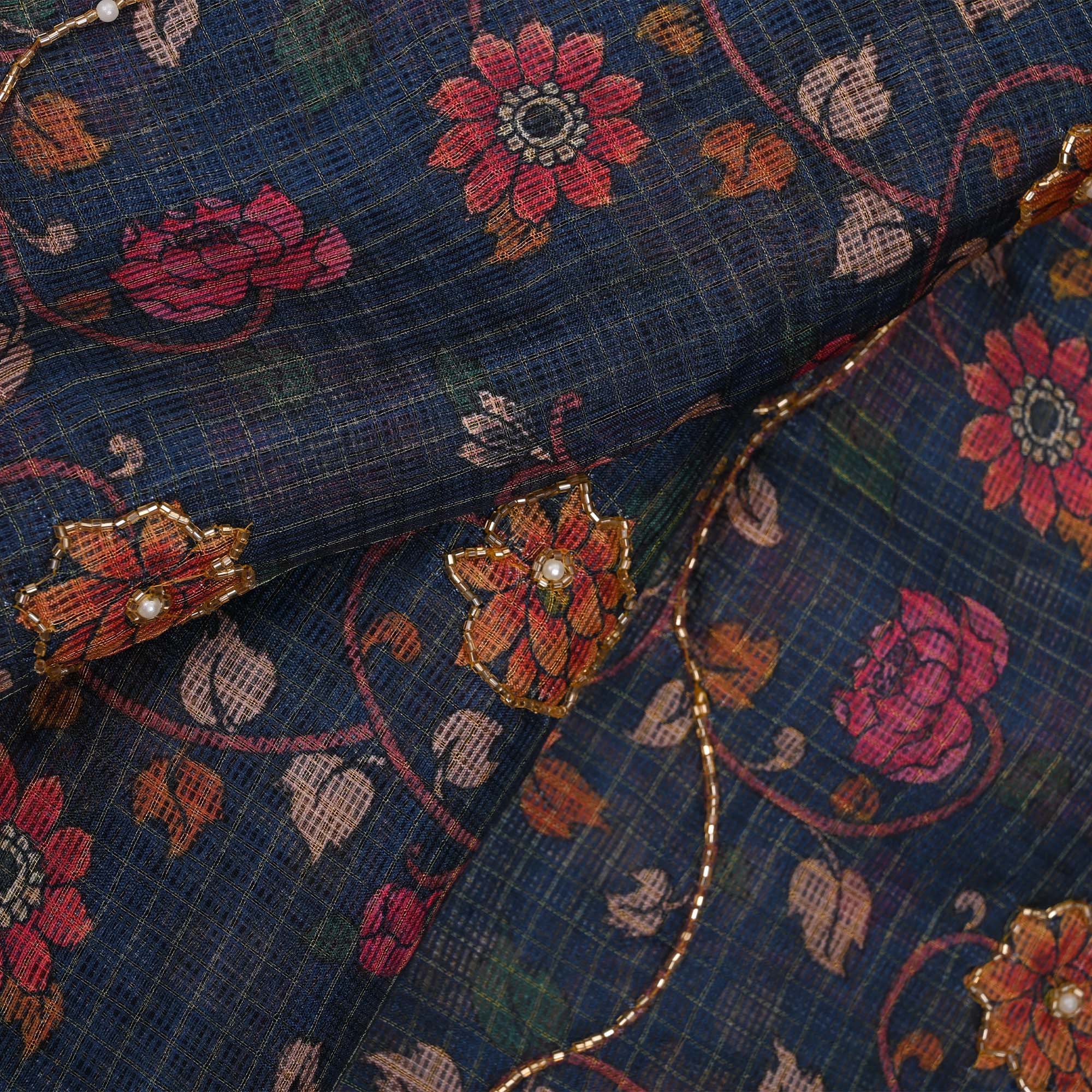 Deep Blue Printed Kota Fabric With Embroidery