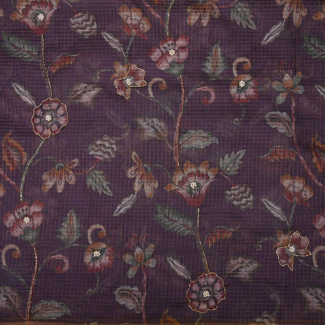 Pale Purple Printed Kota Fabric With Embroidery