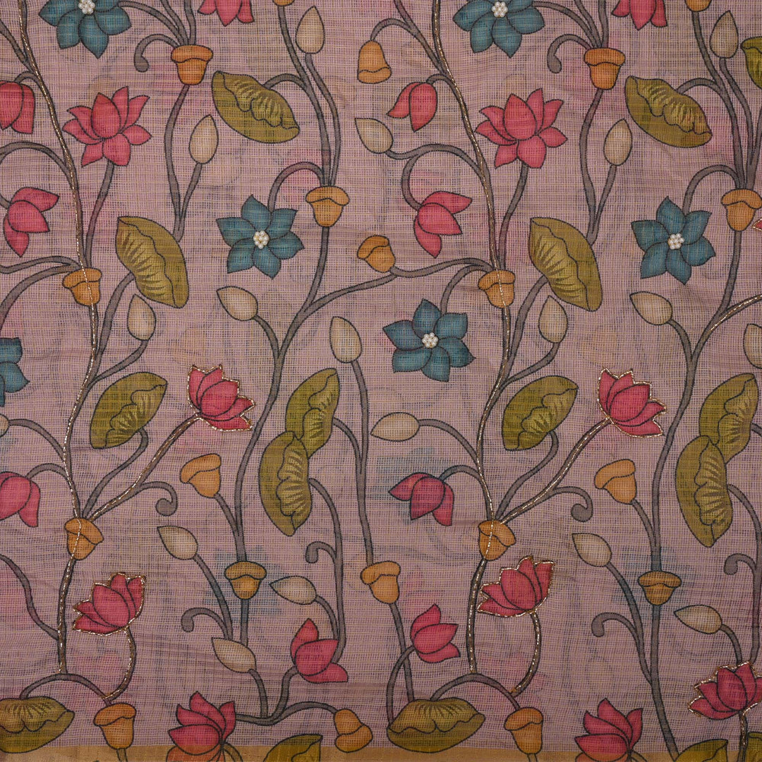 Pale Pink Printed Kota Fabric With Embroidery