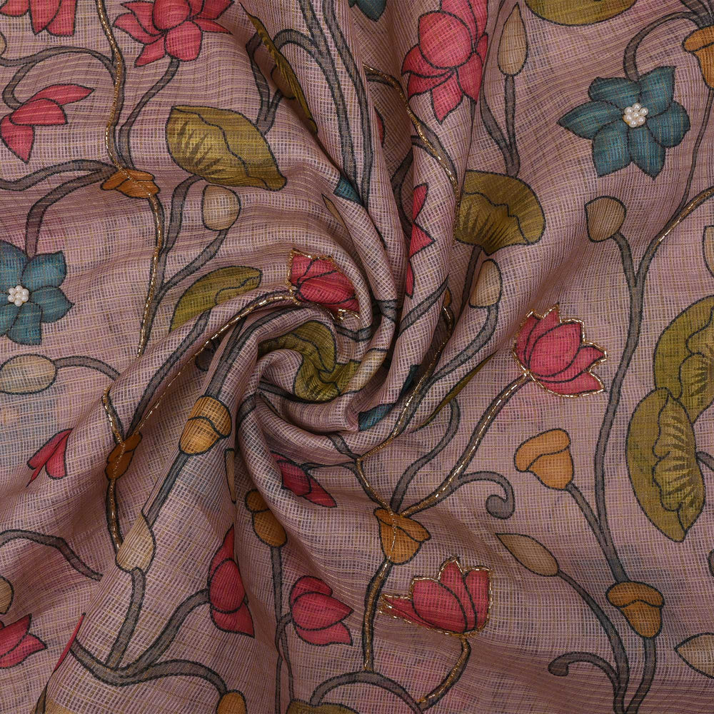 Pale Pink Printed Kota Fabric With Embroidery