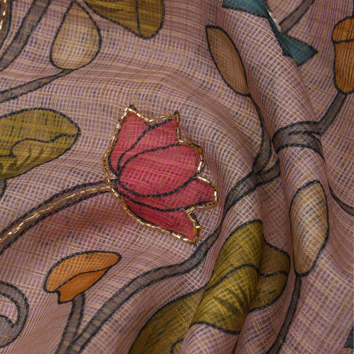 Pale Pink Printed Kota Fabric With Embroidery