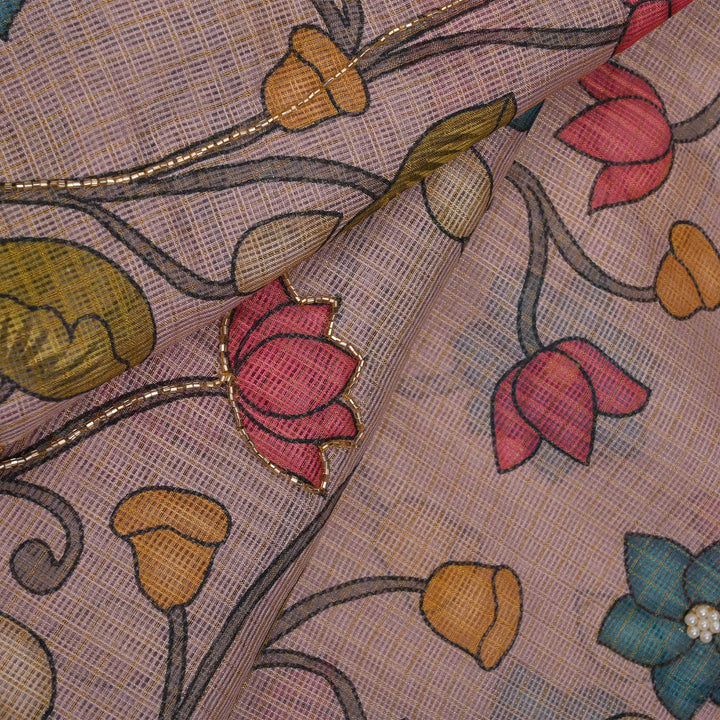 Pale Pink Printed Kota Fabric With Embroidery