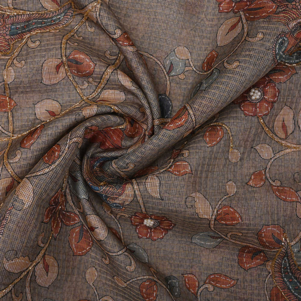 Medium Grey Printed Kota Fabric With Embroidery