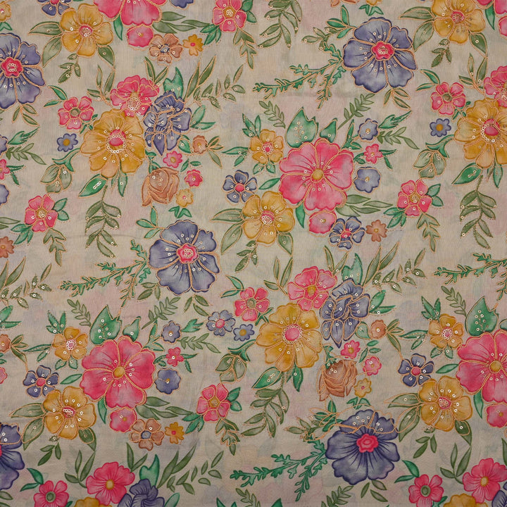 Merino White Printed Floral Tissue Fabric With Embroidery