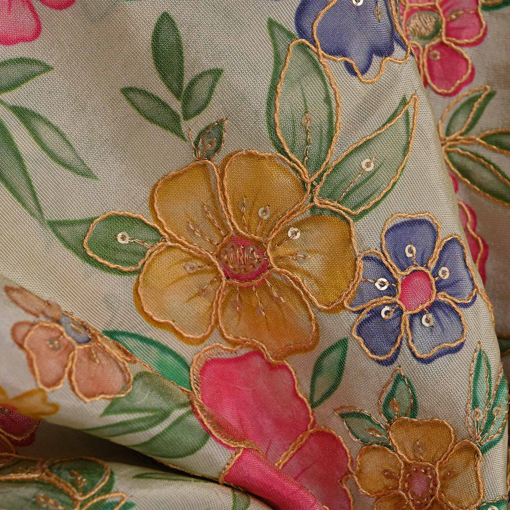 Merino White Printed Floral Tissue Fabric With Embroidery