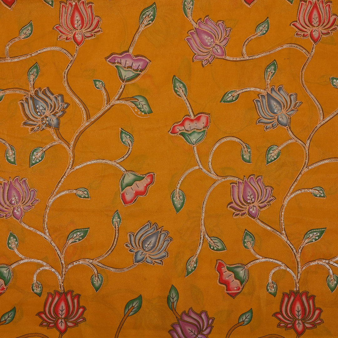 Maize Yellow Printed Floral Tissue Fabric With Embroidery