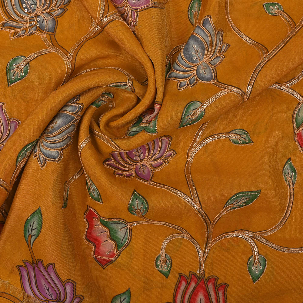 Maize Yellow Printed Floral Tissue Fabric With Embroidery