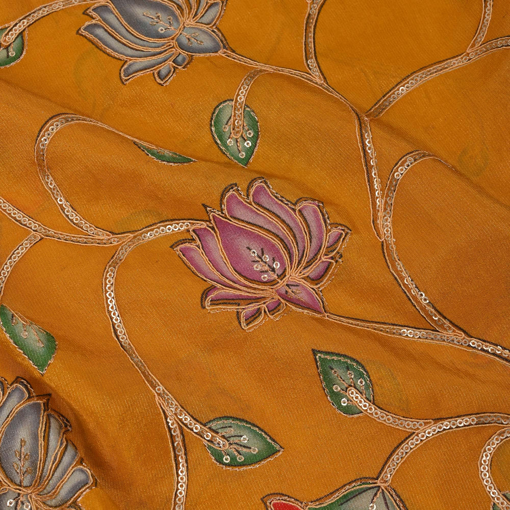 Maize Yellow Printed Floral Tissue Fabric With Embroidery