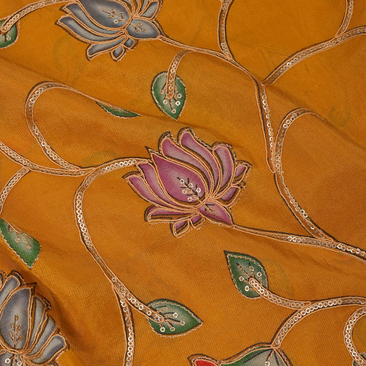 Maize Yellow Printed Floral Tissue Fabric With Embroidery