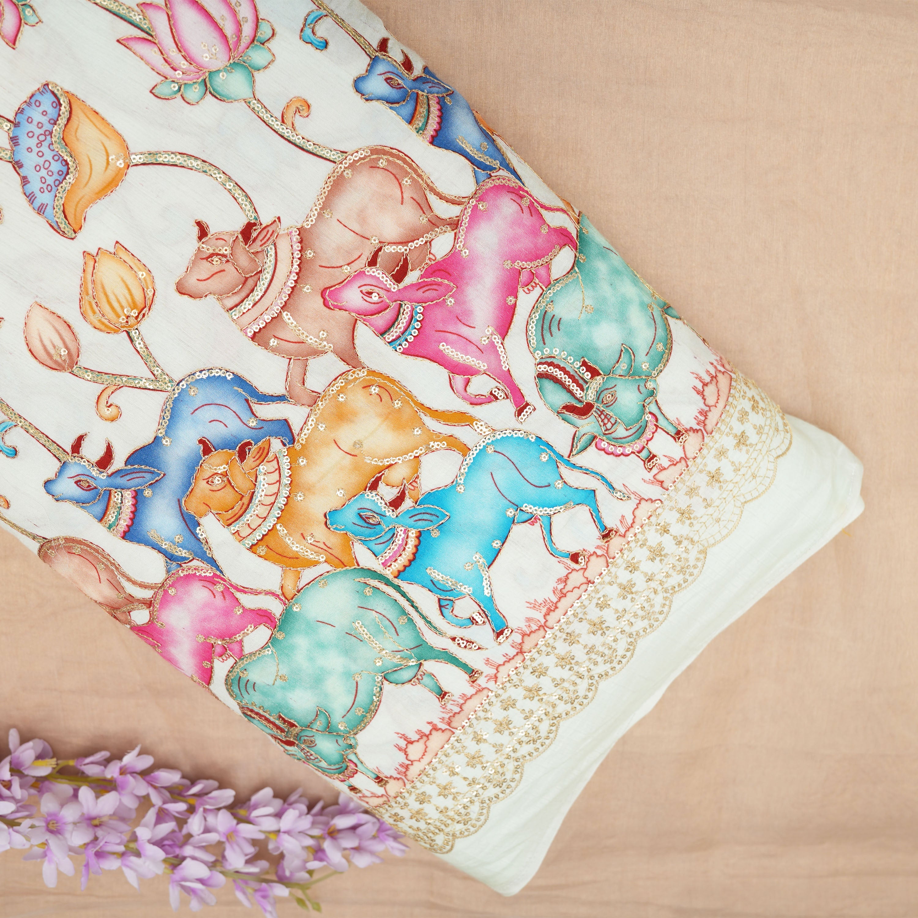 Tulip Pink Colourful Pichwai Work On Embroidery Silk Fabric