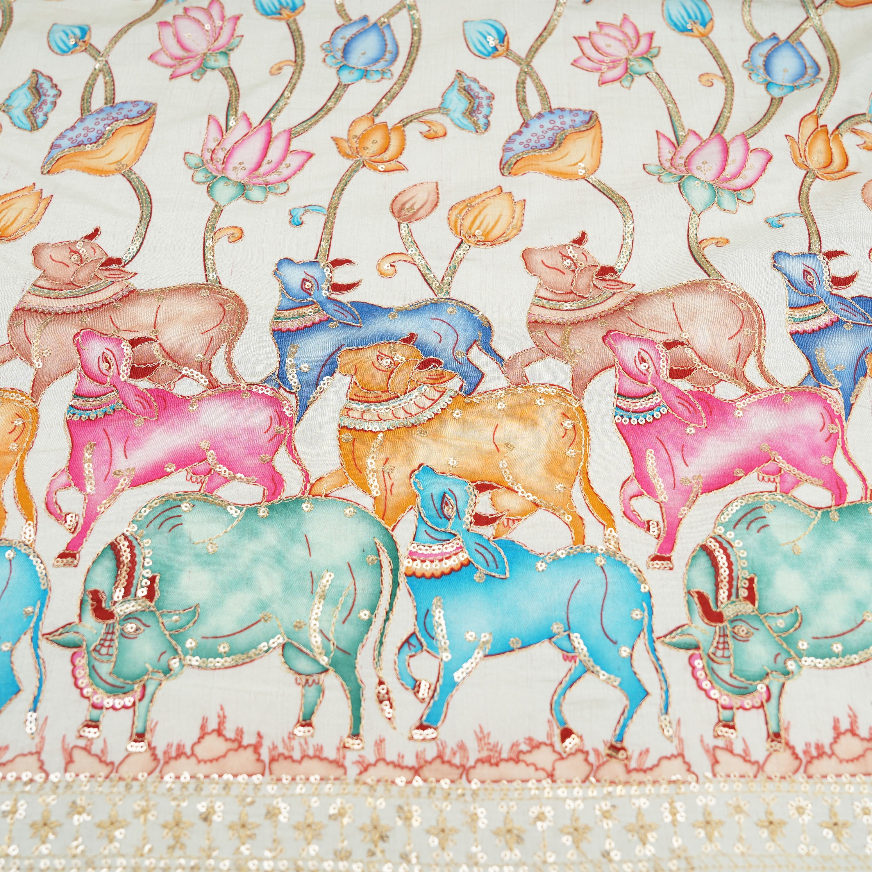 Tulip Pink Colourful Pichwai Work On Embroidery Silk Fabric