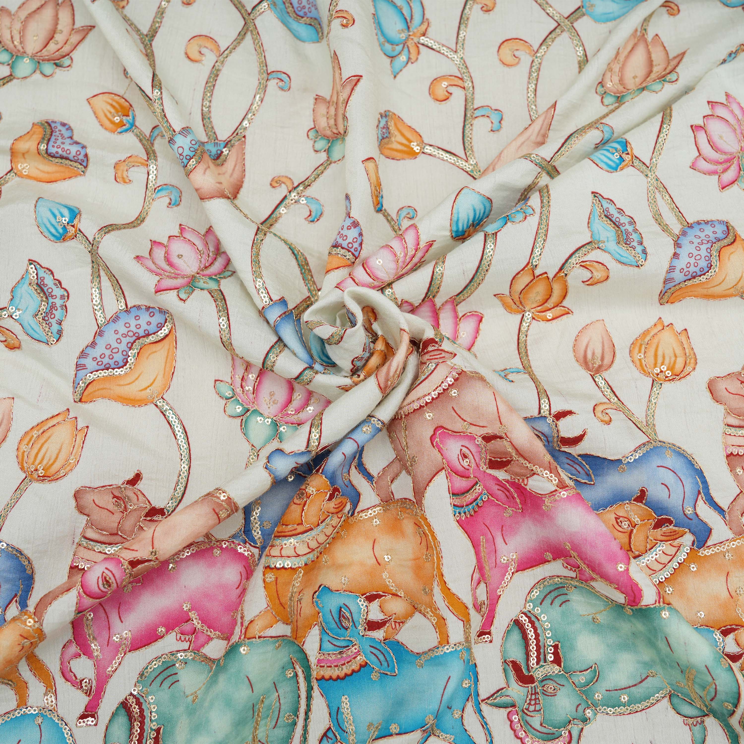 Tulip Pink Colourful Pichwai Work On Embroidery Silk Fabric