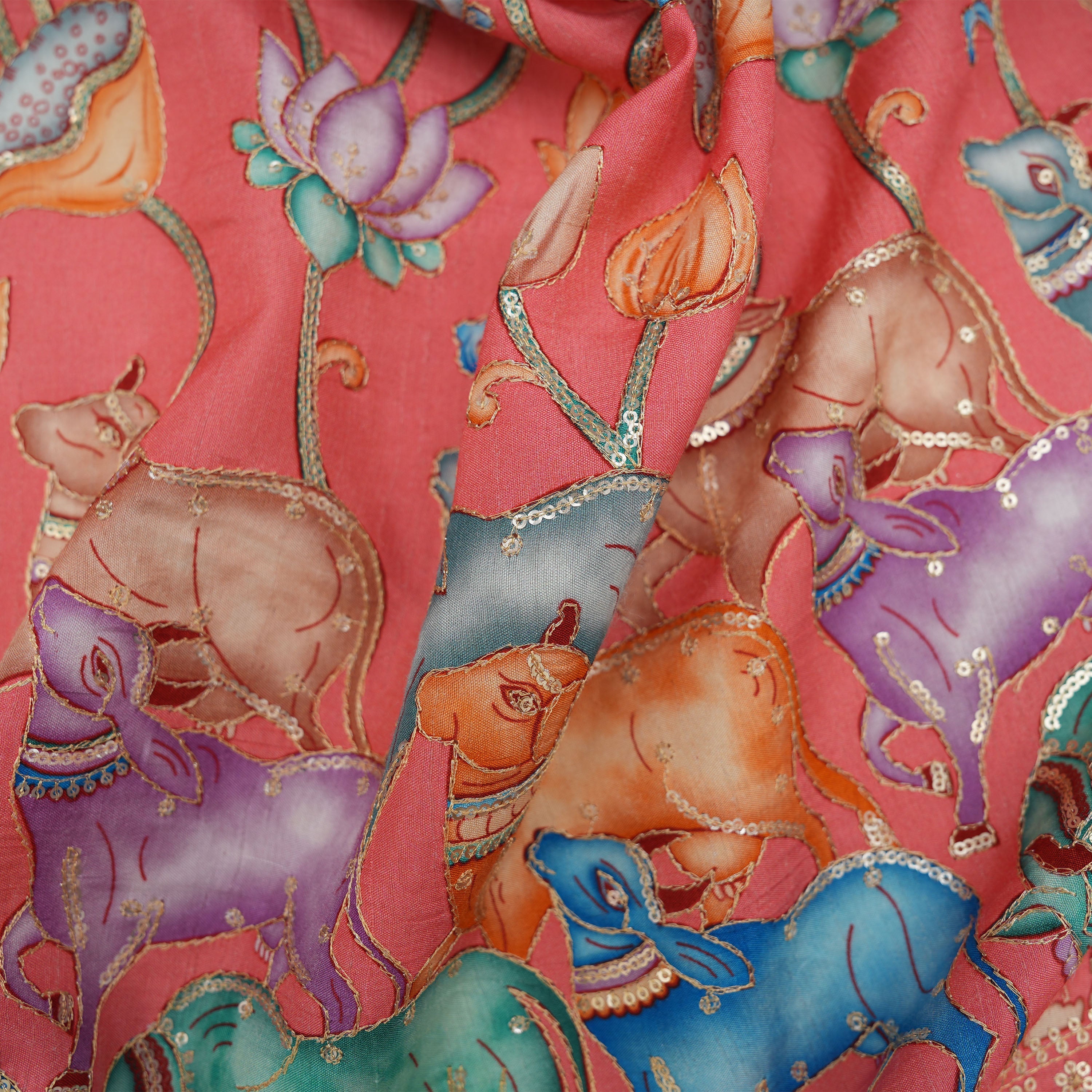 Milk White Colourful Pichwai Work On Printed Silk Fabric